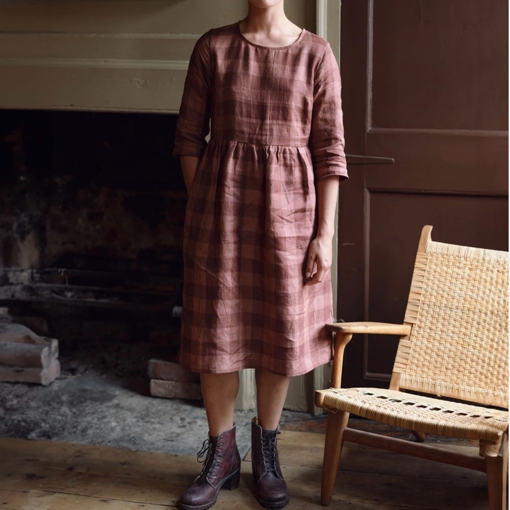 Pyne and Smith no.19 Day Dress Linen in Yorkshire Check Plaid Side Pockets sz M